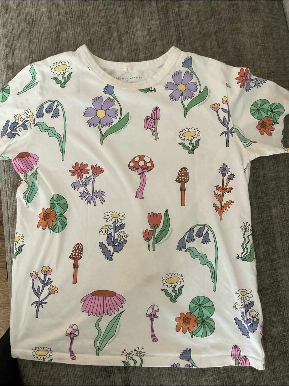 Stella McCartney Kids White Tee with Multicolor Floral & Mushroom Print